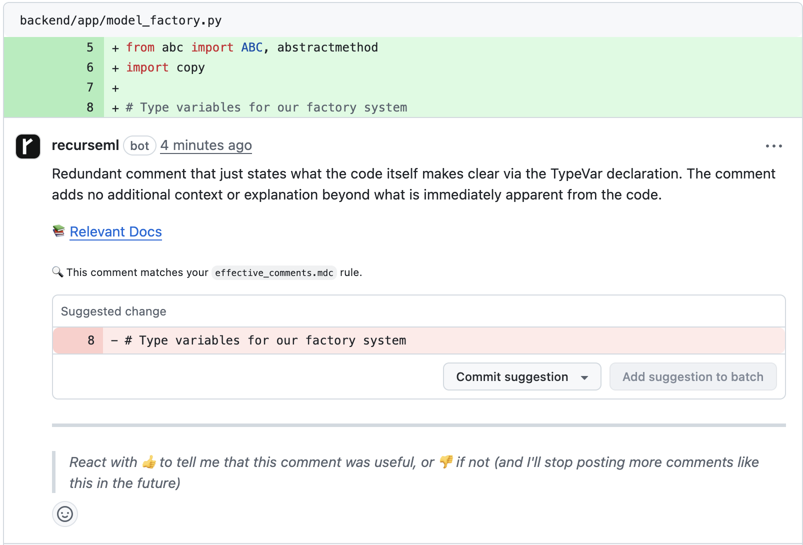 Recurse ML PR Comment on a redundant comment with proposed suggestion (removal of comment)